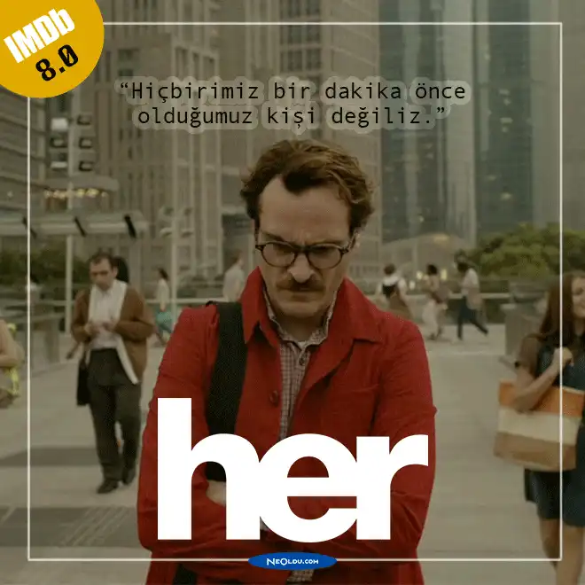 Yapay zekayla romantik bir bağ kuran yalnız adamın hikayesini anlatan Her film sahnesi