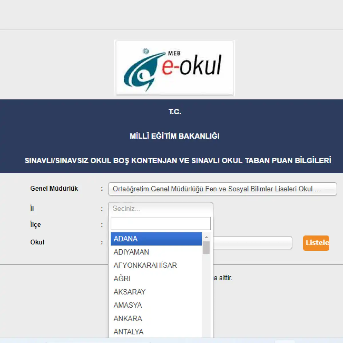 e-Okul Boş Kontenjan Sorgulama