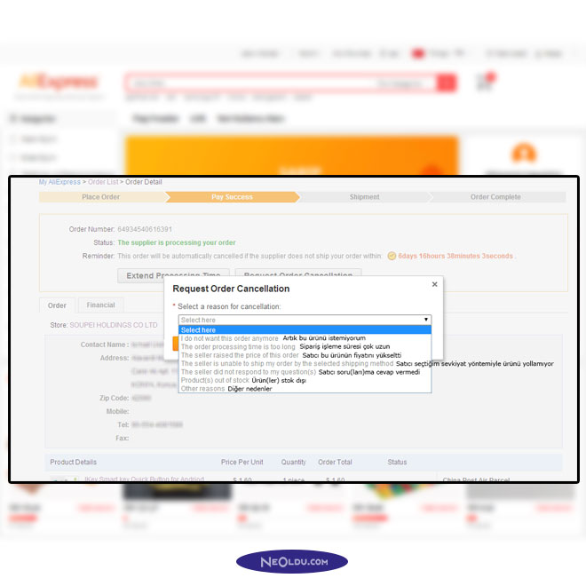 Aliexpress Sipariş İptali