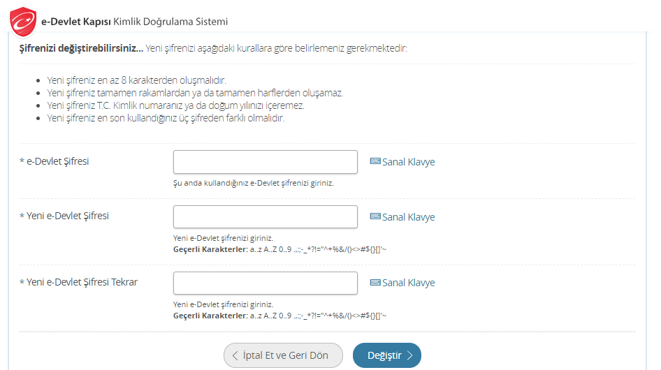 e devlet şifre değiştirme işlemi