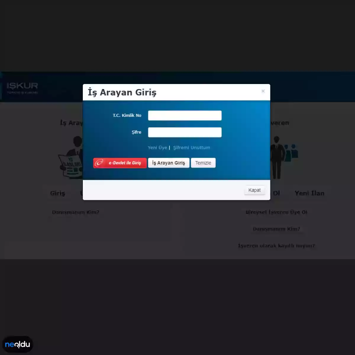 TC kimlik numarası ve şifre ile İŞKUR iş arayan girişi