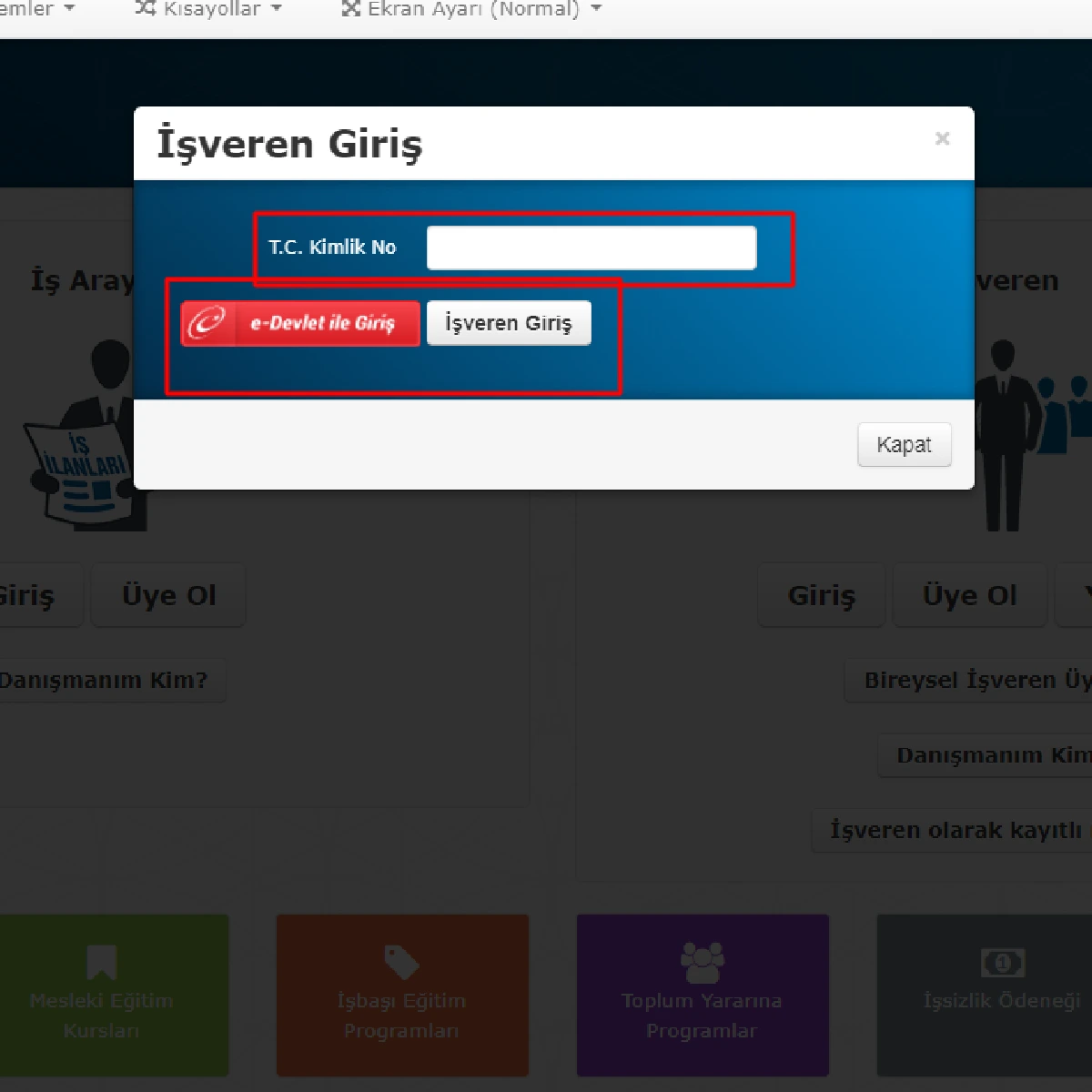 İşveren giriş, TC kimlik ve şifre